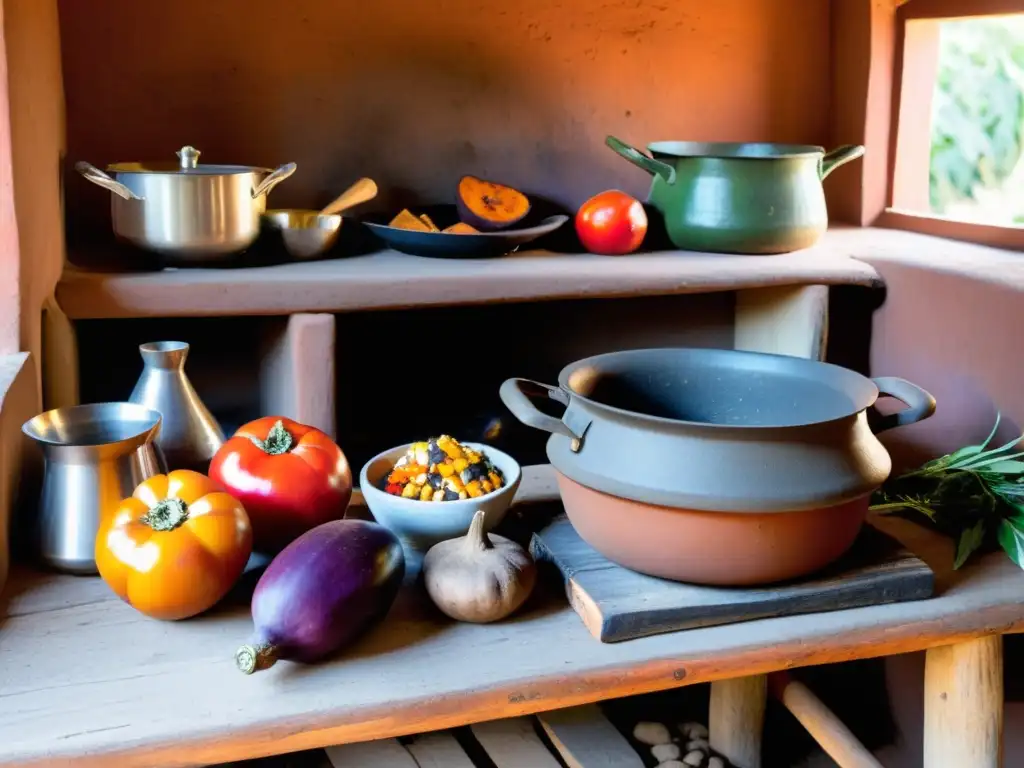 Abuela en una rústica cocina uruguaya, su rostro refleja el legado cultural indígena en la vida diaria de Uruguay, entre aromas culinarios y colores vibrantes