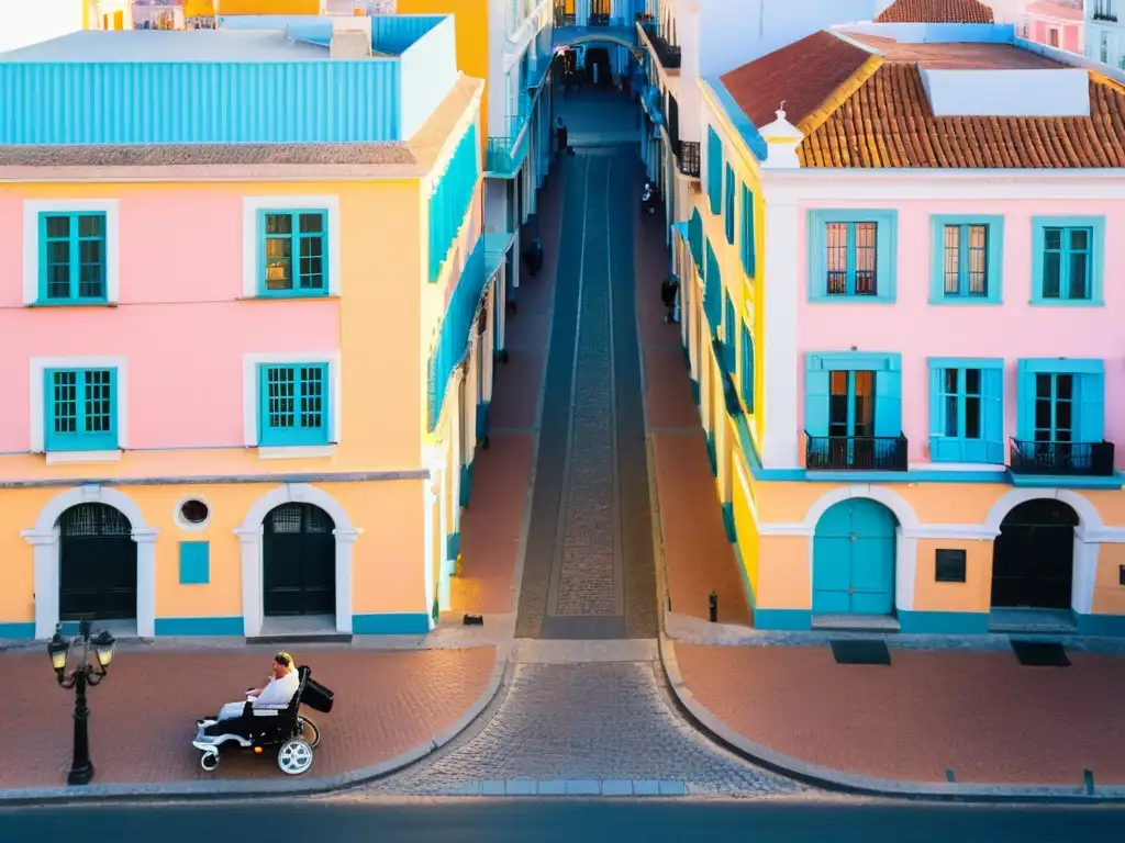 Accesibilidad turística en Uruguay: usuario de silla de ruedas disfrutando de la puesta de sol en el histórico Montevideo, lleno de vida y color