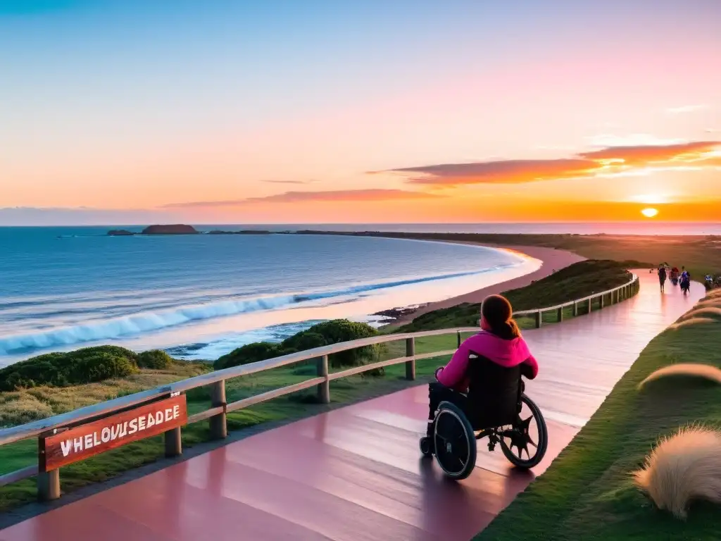 Disfrutando la accesibilidad turística en Uruguay, un usuario de silla de ruedas admira el atardecer costero, lleno de inclusión y serenidad