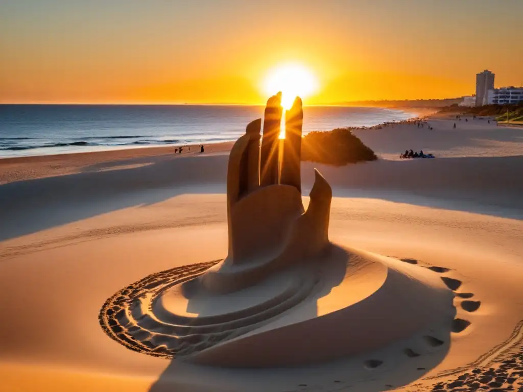 Accesibilidad turística en Uruguay: usuario de silla de ruedas contempla la famosa escultura Mano en la Arena de Punta del Este, bañada por el esplendoroso atardecer