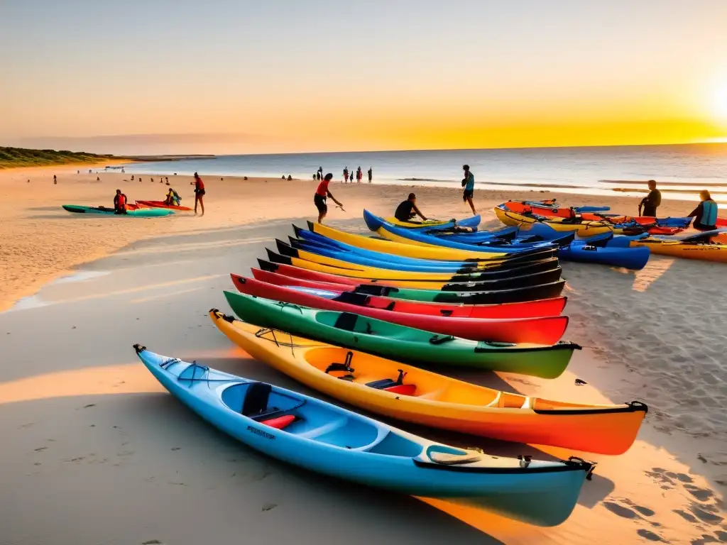 Actividades acuáticas emocionantes en Uruguay al atardecer, personas preparándose entre kayaks coloridos y equipo de snorkel, bajo un cielo vibrante