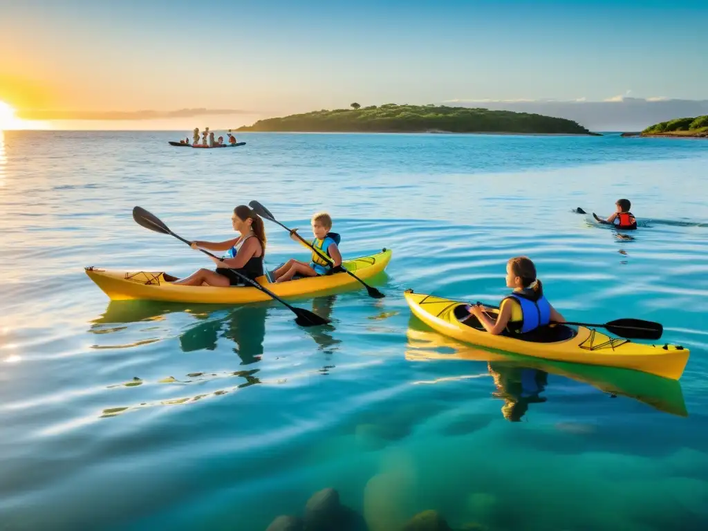 Actividades acuáticas emocionantes en Uruguay: una familia disfruta del kayak y snorkel en aguas azules bajo un cálido atardecer dorado