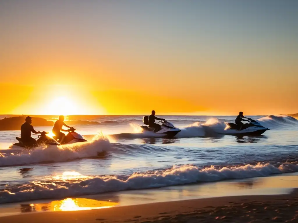 Actividades acuáticas emocionantes en Uruguay, con gente disfrutando del surf y jet skis al atardecer, bajo un cielo naranja y púrpura