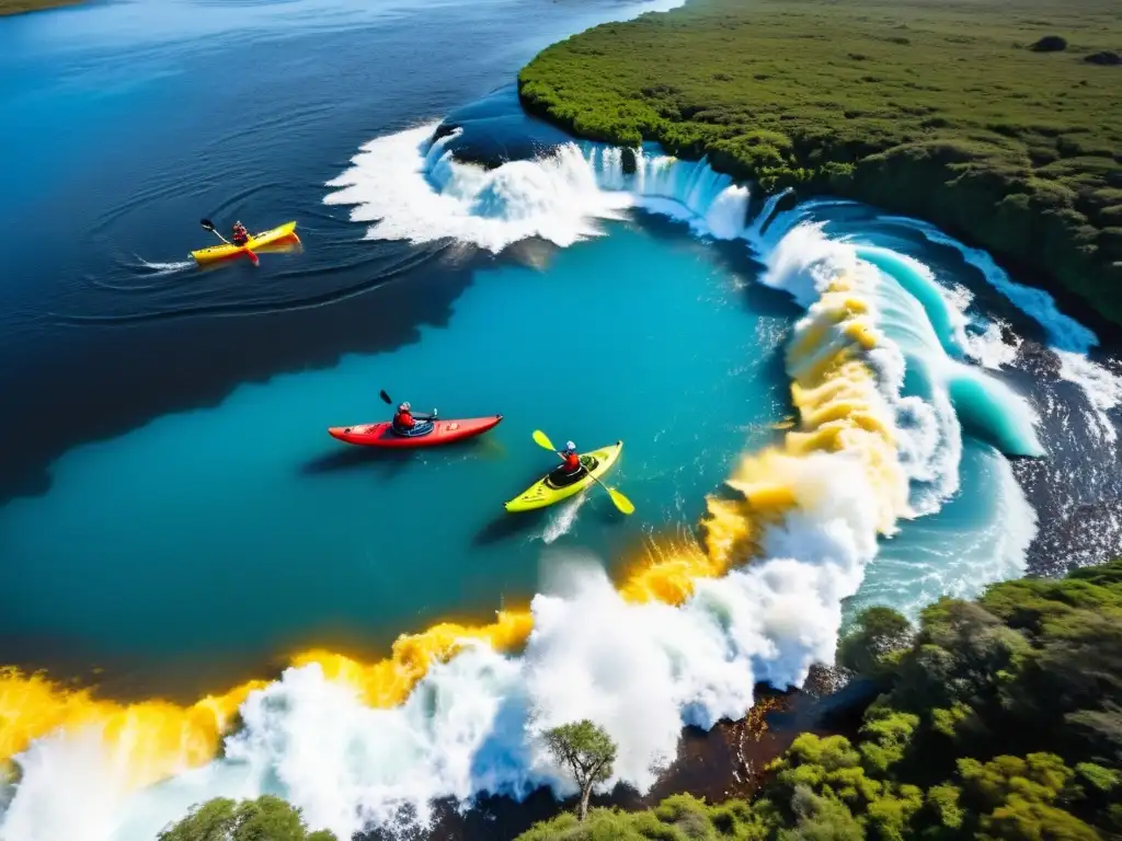 Actividades acuáticas emocionantes en Uruguay: kayakers desafiando el Río Negro, paddleboarders en el tranquilo Lago Garzón y aventureros descendiendo el Salto del Penitente al atardecer