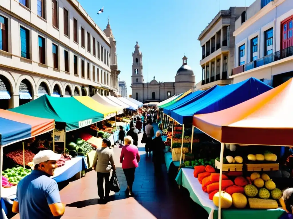 Actividades económicas en Uruguay: Mercado bullicioso de Montevideo, lleno de color, artesanía local y frescos productos, bajo un cielo soleado