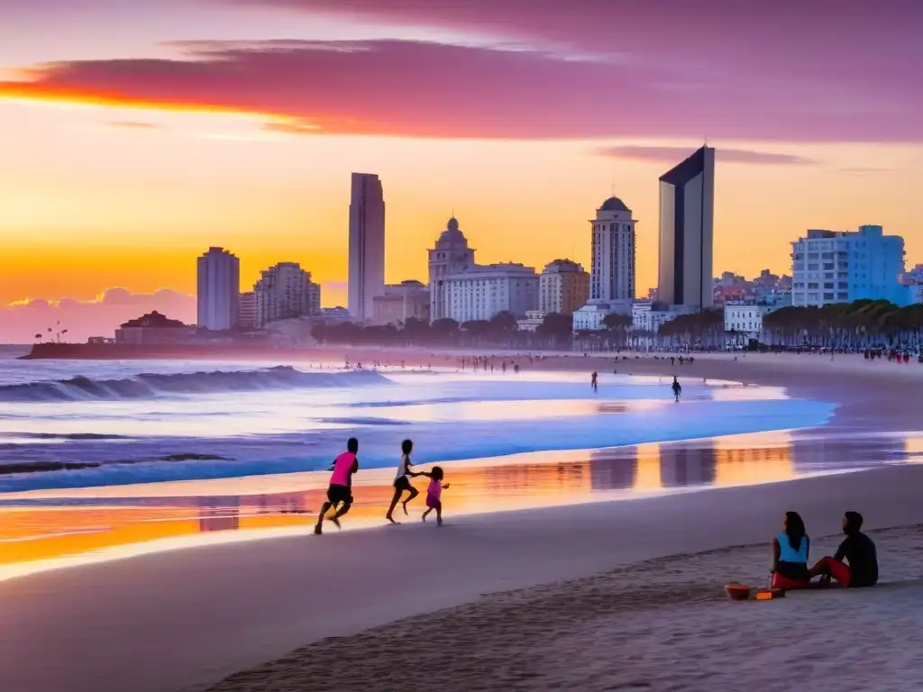 Actividades familiares para disfrutar en Uruguay: un animado partido de fútbol en la playa Pocitos de Montevideo al atardecer