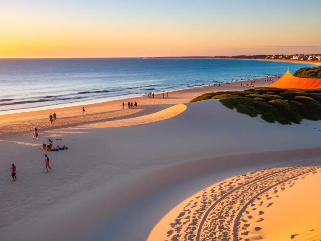 Actividades familiares para disfrutar en Uruguay: un atardecer vibrante en la playa de Punta del Este, lleno de risas, juegos y comida