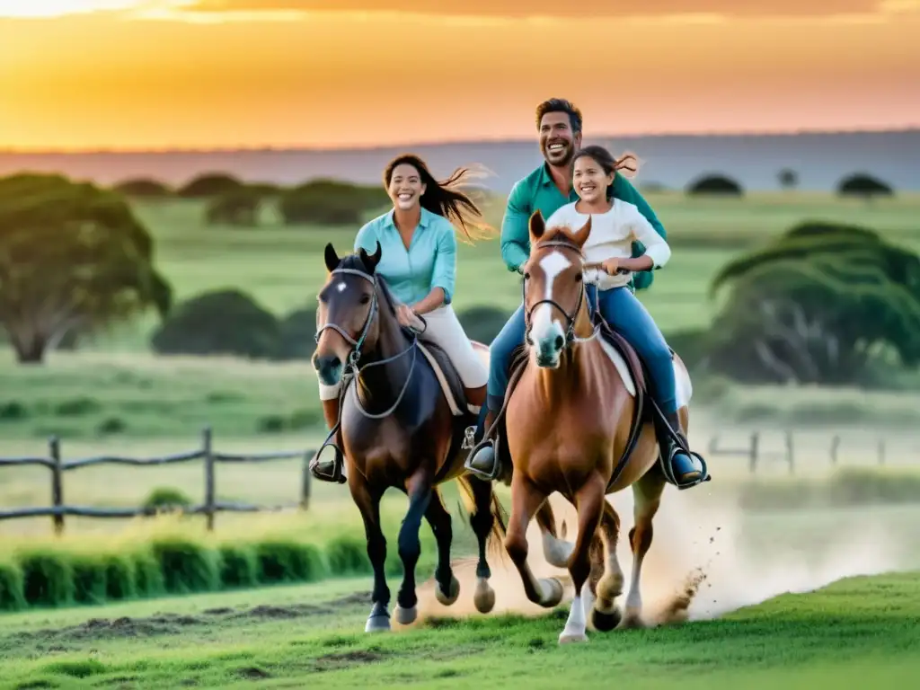 Actividades familiares para disfrutar en Uruguay: una familia alegre cabalgando al atardecer en Salto, irradiando unión y diversión