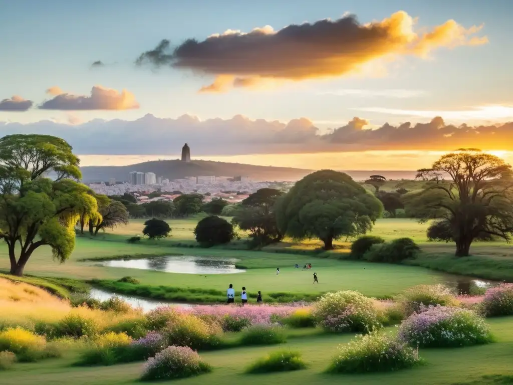 Actividades familiares para disfrutar en Uruguay: Un juego de fútbol al atardecer con Colonia del Sacramento al fondo