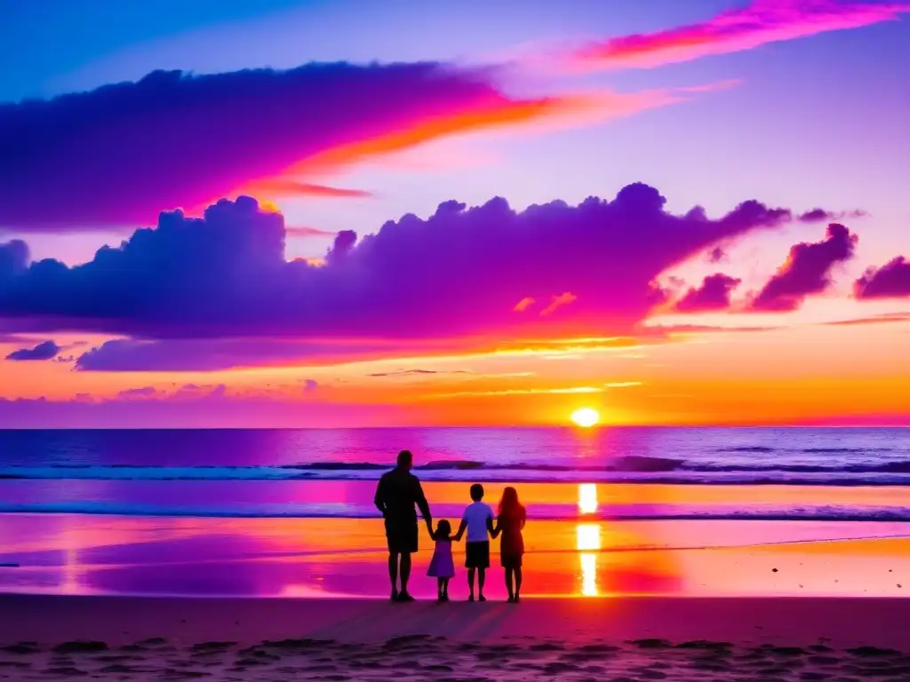 Actividades familiares para disfrutar en Uruguay: una silueta familiar se maravilla ante un atardecer vibrante en la costa de Montevideo