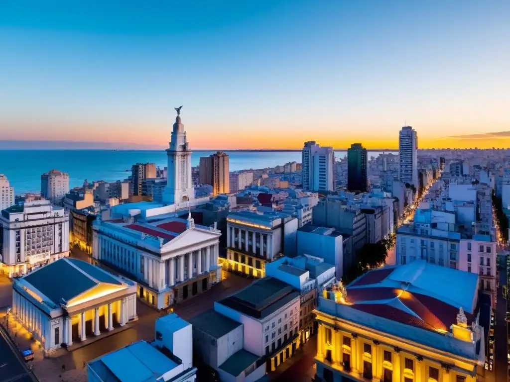 Actividades recomendadas temporada Uruguay: ciudadanos disfrutan la Rambla en Montevideo, entre antiguos y modernos edificios bajo un cielo atardecer