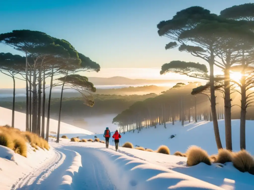 Actividades recomendadas temporada Uruguay: senderistas en un bosque nevado uruguayo, bajo el suave resplandor del amanecer