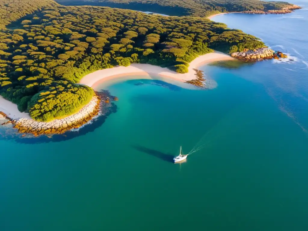 Viaje Isla Gorriti Uruguay, actividades esperan mientras el sol se pone, bañando la frondosa isla y las aguas azules del Atlántico