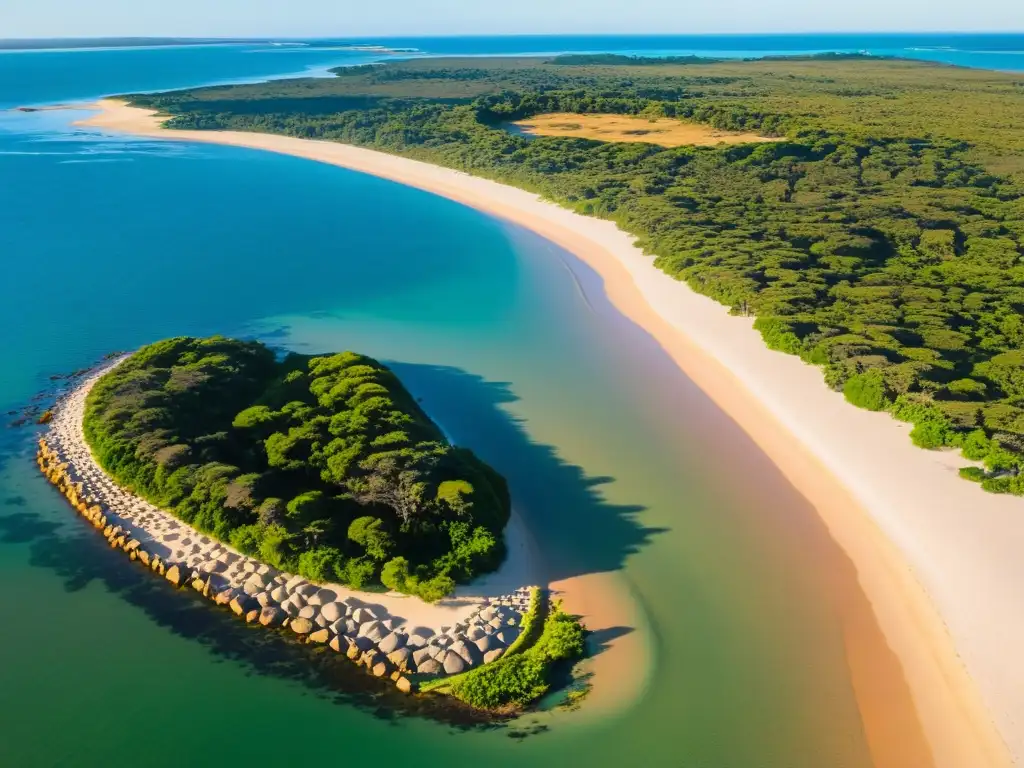 Viaje Isla Gorriti Uruguay actividades: turistas aventureros exploran playas vírgenes y bosques densos, bajo un amanecer dorado y mar azul