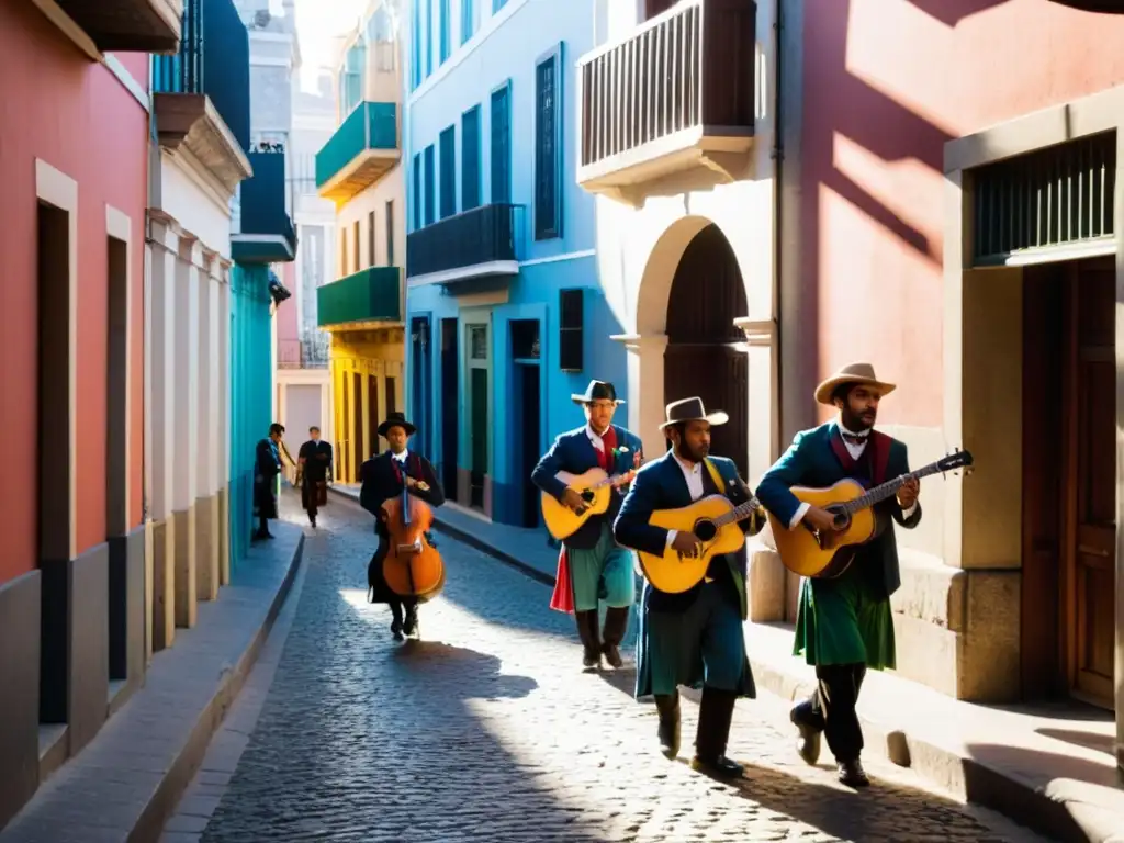 Actuación matinal de música folklórica uruguaya en Montevideo, instrumentos y voces vibrando en una calle empedrada histórica