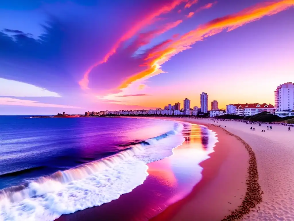 Adolescentes disfrutando de actividades turísticas en Uruguay, en un atardecer vibrante en Punta del Este, lleno de aventura y cultura