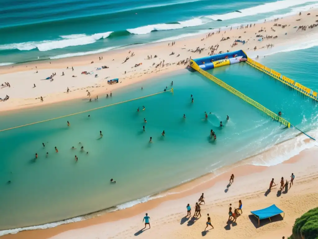 Adolescentes disfrutando activamente de las actividades turísticas en Uruguay, desde fútbol en una playa dorada hasta surf en el azul Atlántico