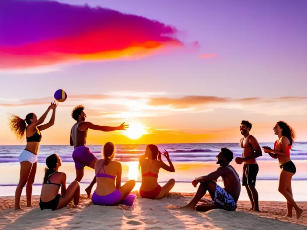 Adolescentes disfrutando de actividades turísticas en Uruguay, jugando vóley y riendo en una playa al atardecer dorado, con Montevideo al fondo