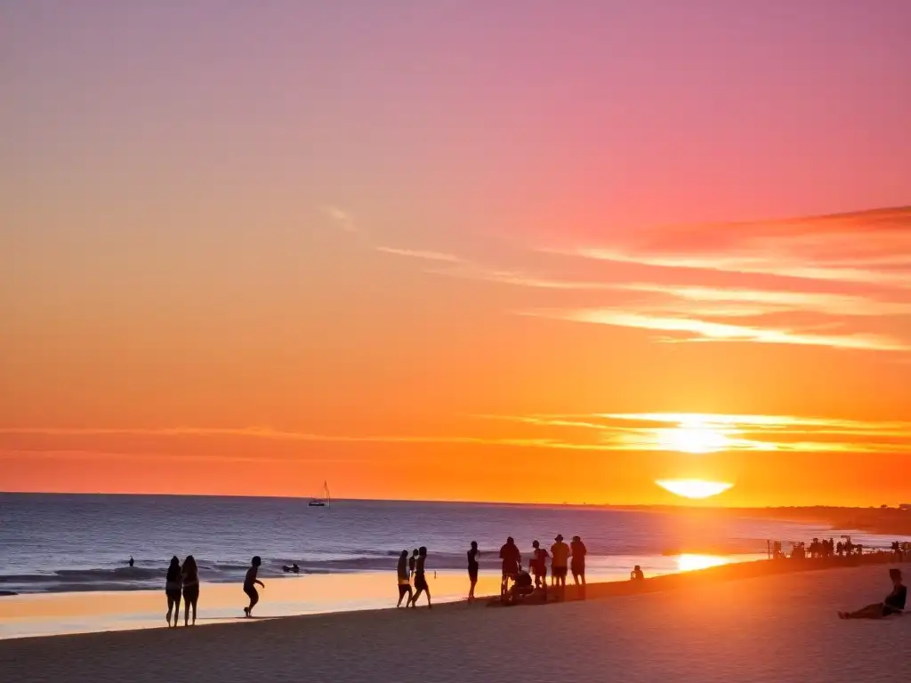 Adolescentes disfrutan de actividades turísticas en Punta del Este, Uruguay, jugando voleibol y aprendiendo surf al atardecer