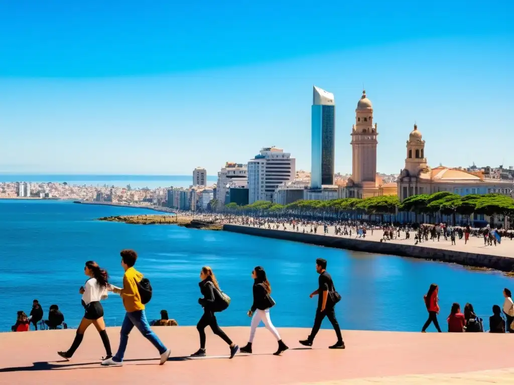 Adolescentes disfrutando de actividades turísticas en Uruguay, paseando por la Rambla de Montevideo, bajo el sol vibrante