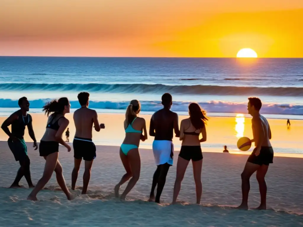 Adolescentes disfrutando de actividades turísticas en Uruguay, jugando voleibol en la playa de Punta del Este al atardecer