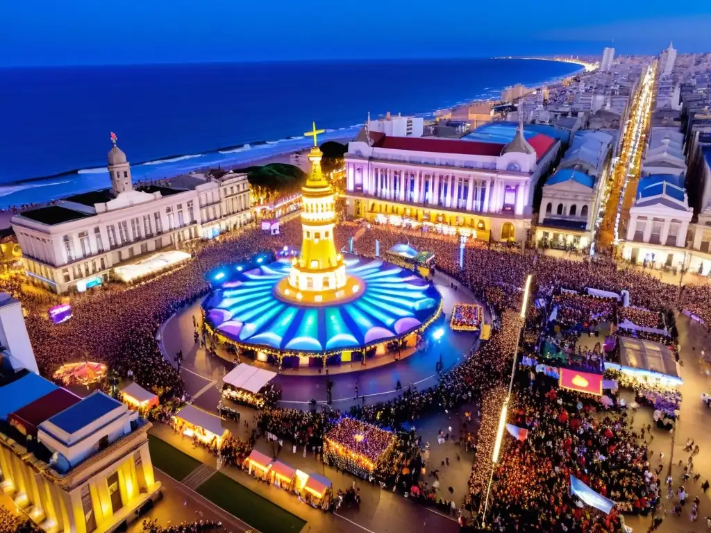 Aérea del Carnaval Uruguay, identidad y diversidad cultural brillan en las calles de Montevideo, bajo fuegos artificiales