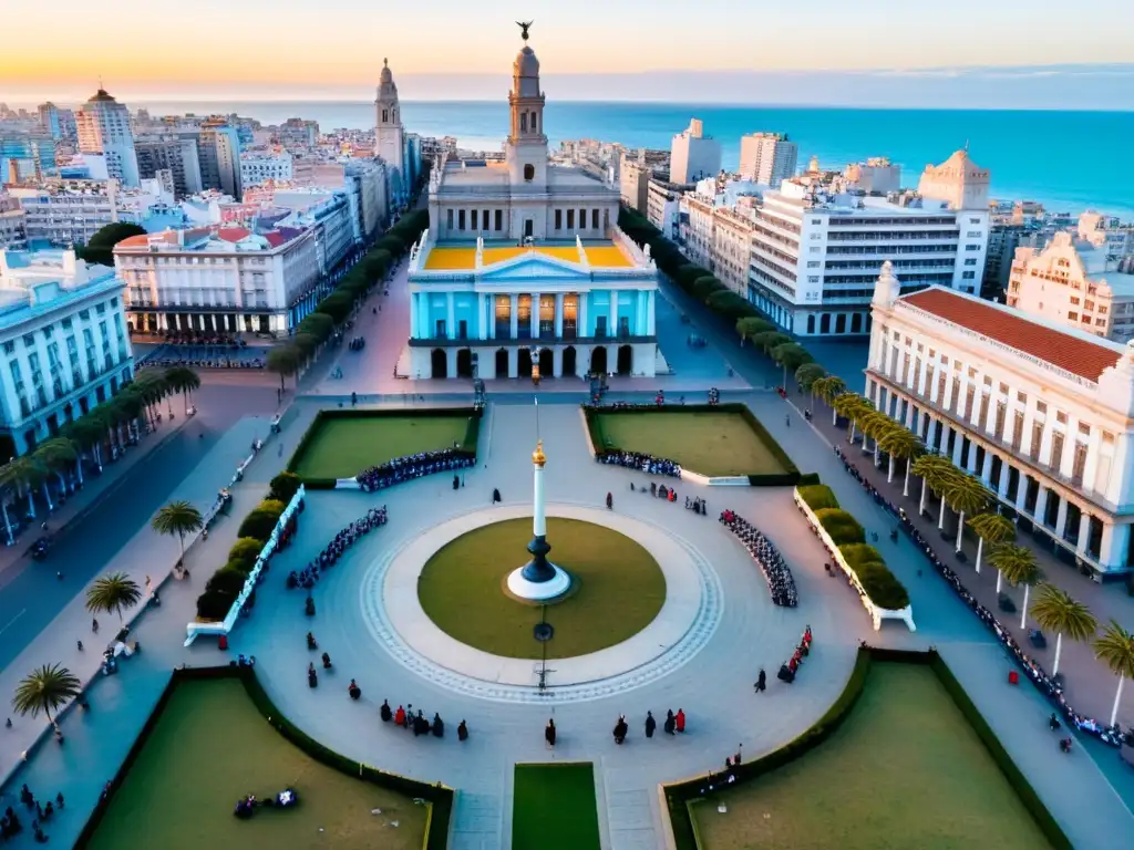 Aérea de Montevideo al anochecer, donde costumbres espirituales populares en Uruguay cobran vida en un parque, bajo el emblemático Palacio Salvo