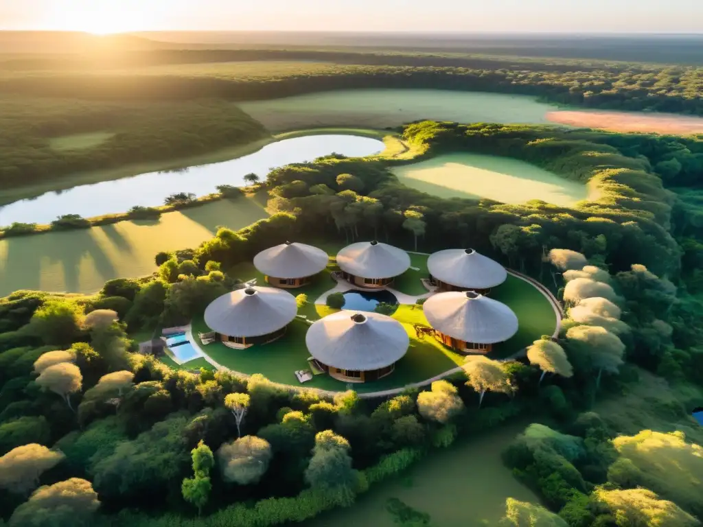 Amanecer en Uruguay, vista aérea de ecoalojamientos con tejados de paja, rodeados de naturaleza prístina y un lago tranquilo