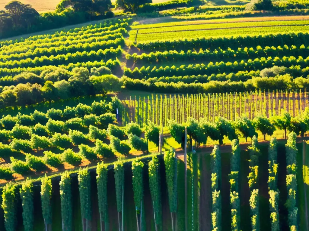 Tradición vitivinícola en Uruguay: vista aérea de viñedos verdes al atardecer, con trabajadores, uvas recién cosechadas y una bodega autóctona