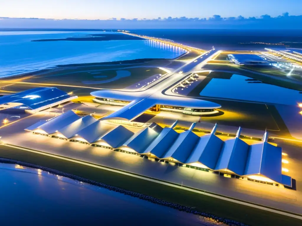 Aeropuertos en Uruguay planificar viaje: Vista aérea al anochecer del vibrante Carrasco, con aviones listos para despegar