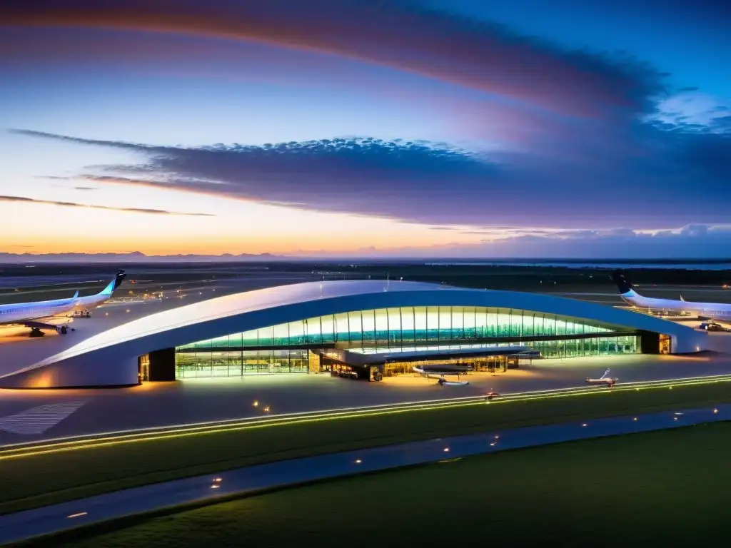 Anochecer en Carrasco International, uno de los aeropuertos en Uruguay; planificar viaje mientras se reflejan los colores del cielo en su fachada