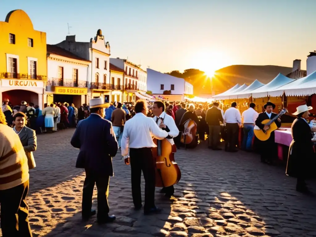 Alba en un antiguo mercado uruguayo, músicos locales tocan Candombe y tamboril, evolución de la música de Uruguay desde sus raíces hasta el presente