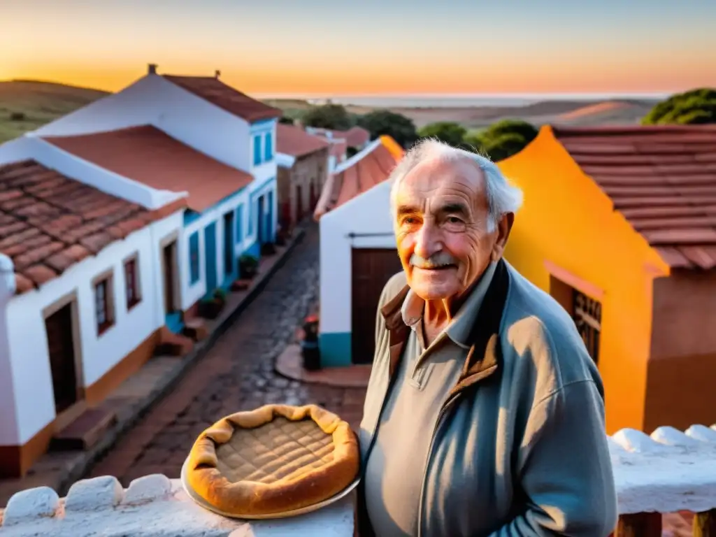 Alba dorada en un pueblo uruguayo tradicional, con calles empedradas y casas de tejas terracota