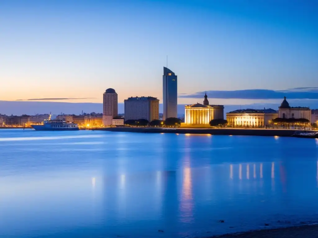 Alba dorada en Montevideo, Uruguay, con vista al Palacio Salvo y al Río de la Plata, sugerencia para tus consejos de viaje económico a Uruguay