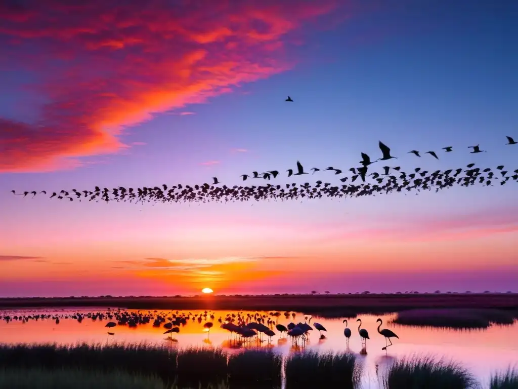 Alba impresionante en Santa Lucía, Uruguay, con flamencos volando y un observador de aves en silueta, uno de los mejores lugares de observación de aves en Uruguay