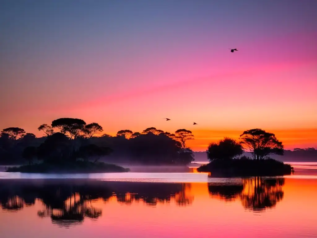 Alba en el Lago Merin, Uruguay, con aves exóticas volando y un observador de aves capturando la escena