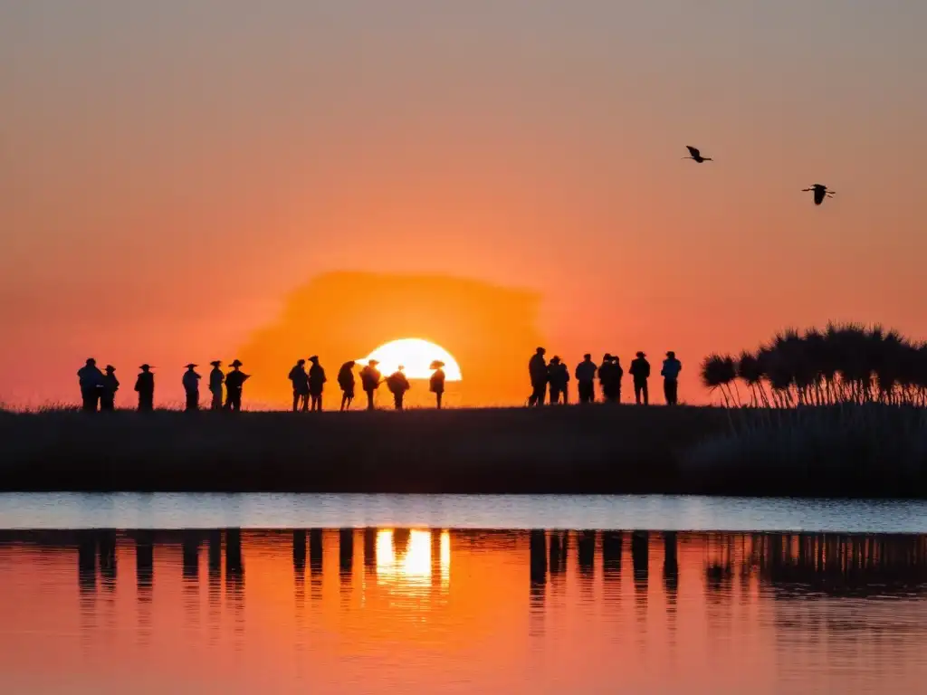 Alba majestuosa en Uruguay, con observadores de aves aplicando técnicas avanzadas, rodeados de lapwings del sur jugueteando y un kiskadee atento