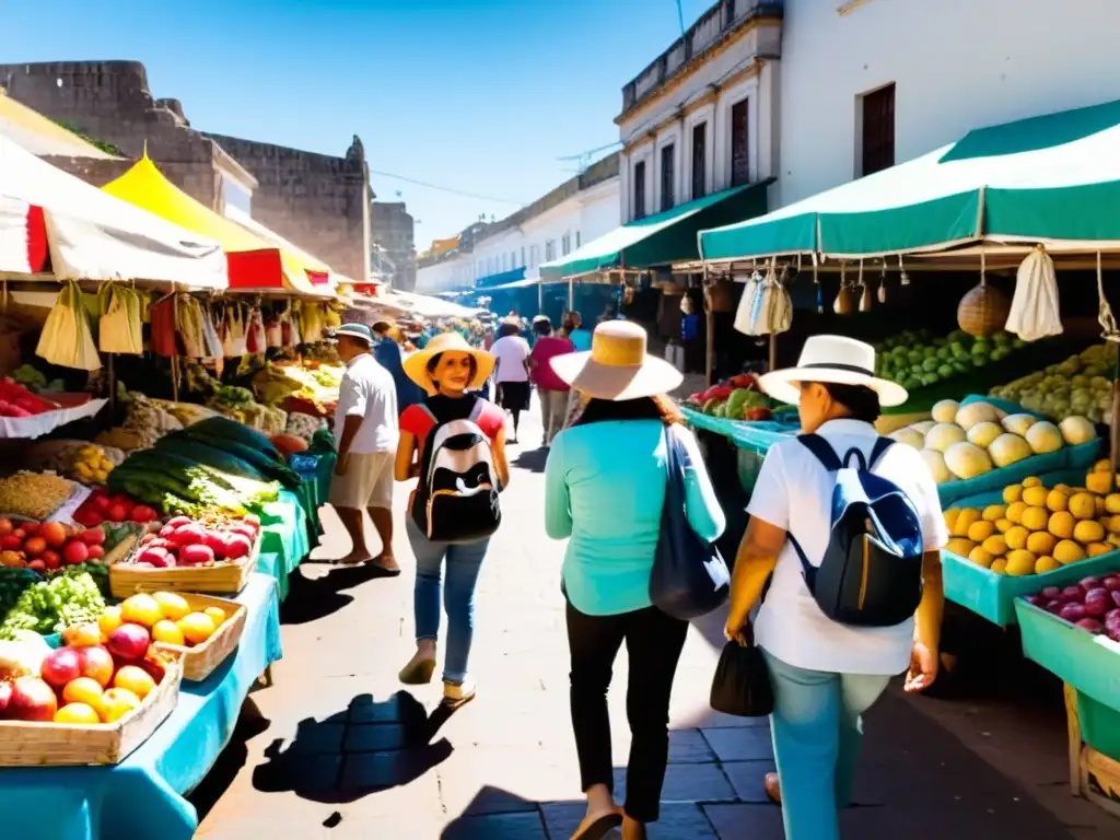 Una alegre familia siguiendo consejos de seguridad para viajar con niños a Uruguay, disfrutando del bullicioso mercado uruguayo al mediodía