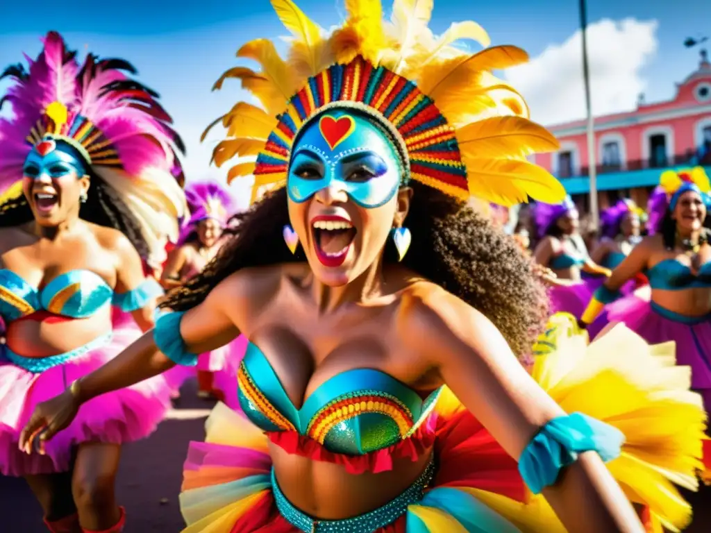 Candomberos bailando con alegría en el Carnaval Uruguay, color, música y tradición brillan bajo el sol dorado de Montevideo