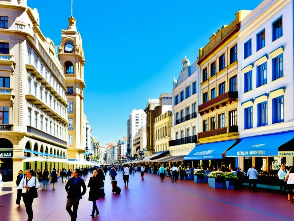 Inmigración alemana en Uruguay: bulliciosa calle de Montevideo, mezcla de arquitectura moderna y germánica, bajo un cielo azul