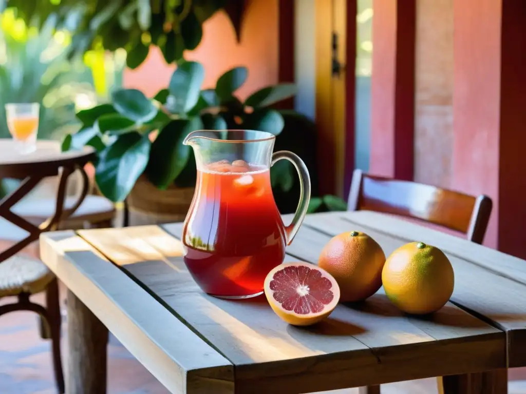 Alimentos y bebidas saludables en Uruguay: mesa rústica con jugo de pomelo rojo, clericó frutal y yerba mate en un patio soleado