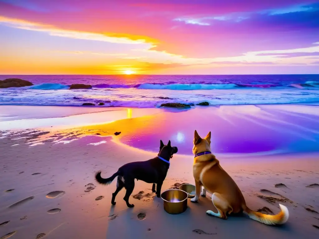 Alojamiento pet friendly en Uruguay, con perros jugando en una playa de Punta del Este al atardecer dorado, creando una atmósfera de paz e invitación