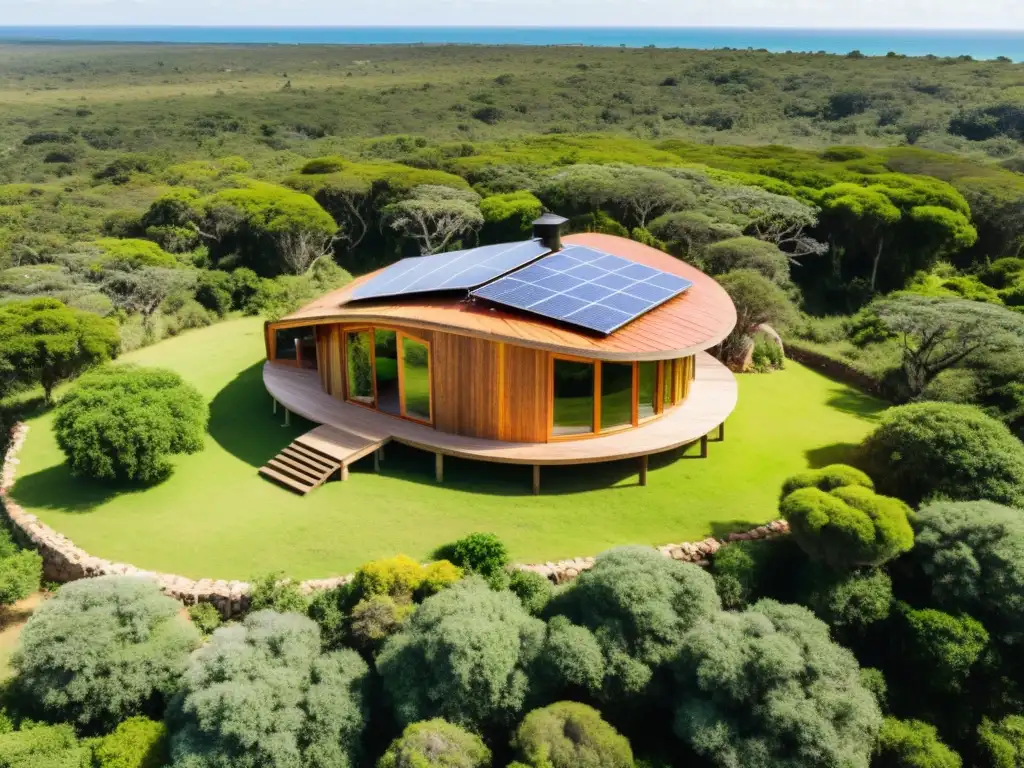 Alojamiento ecológico Uruguay sostenible: cabaña de madera en la selva, con techo verde y paneles solares, junto a un arroyo burbujeante y huerto orgánico, bajo un cielo azul y colinas verdes