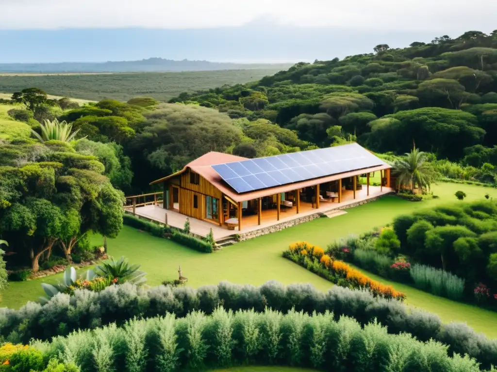 Alojamiento ecológico Uruguay sostenible, mezcla de arquitectura moderna y tradicional, rodeado de verdor y un jardín orgánico, bajo un cielo azul