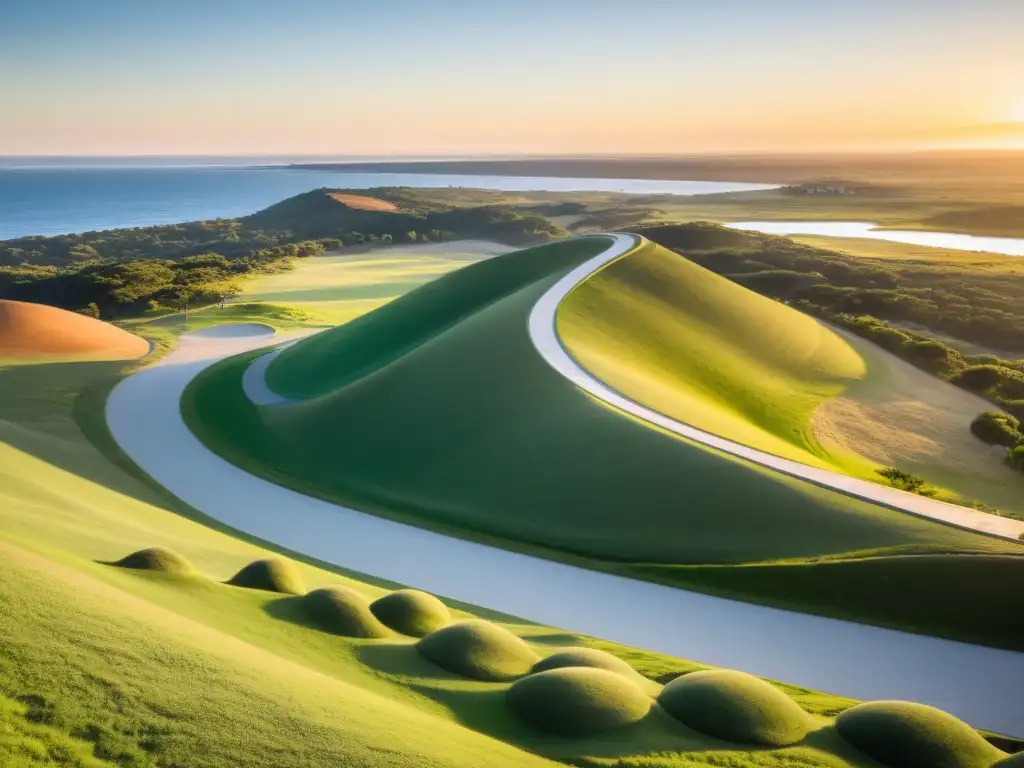 Alojamientos accesibles en Uruguay: resort moderno entre colinas verdes, visitantes disfrutando del atardecer rosado y las actividades costeras