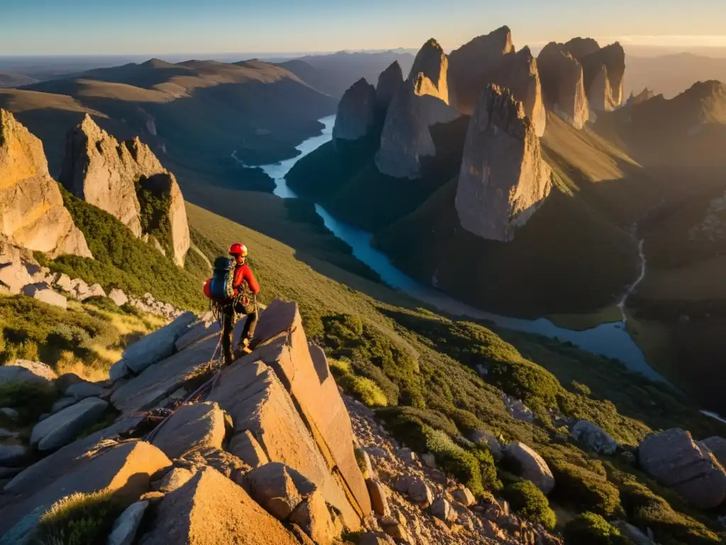 Alpinista desafiando las mejores rutas de escalada en Uruguay, ascendiendo al amanecer bajo una luz dorada