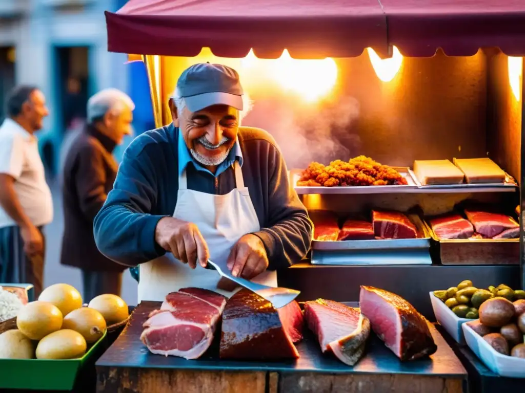 Un amable anciano prepara con pasión el Chivito, deliciosa comida callejera uruguaya, bajo las luces de Montevideo al atardecer