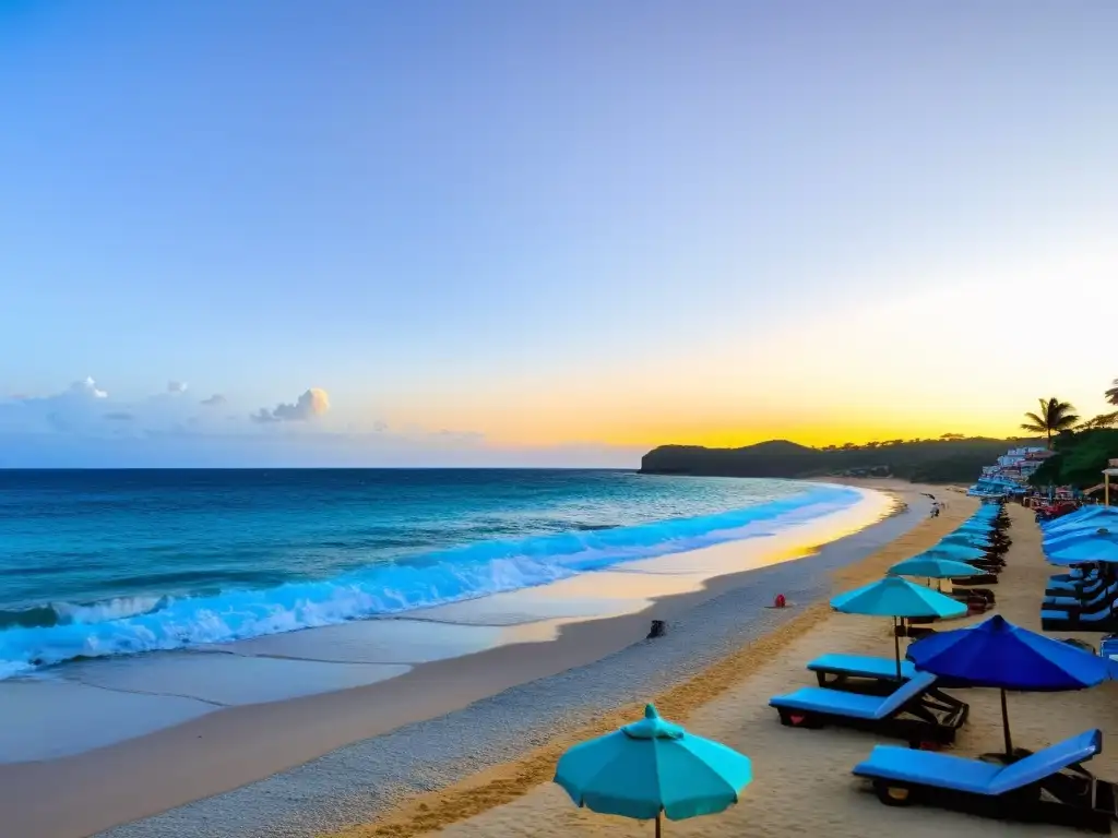 El amanecer baña con luz dorada las playas de Maldonado, un lienzo de arte y gastronomía local, bajo un cielo azul sereno