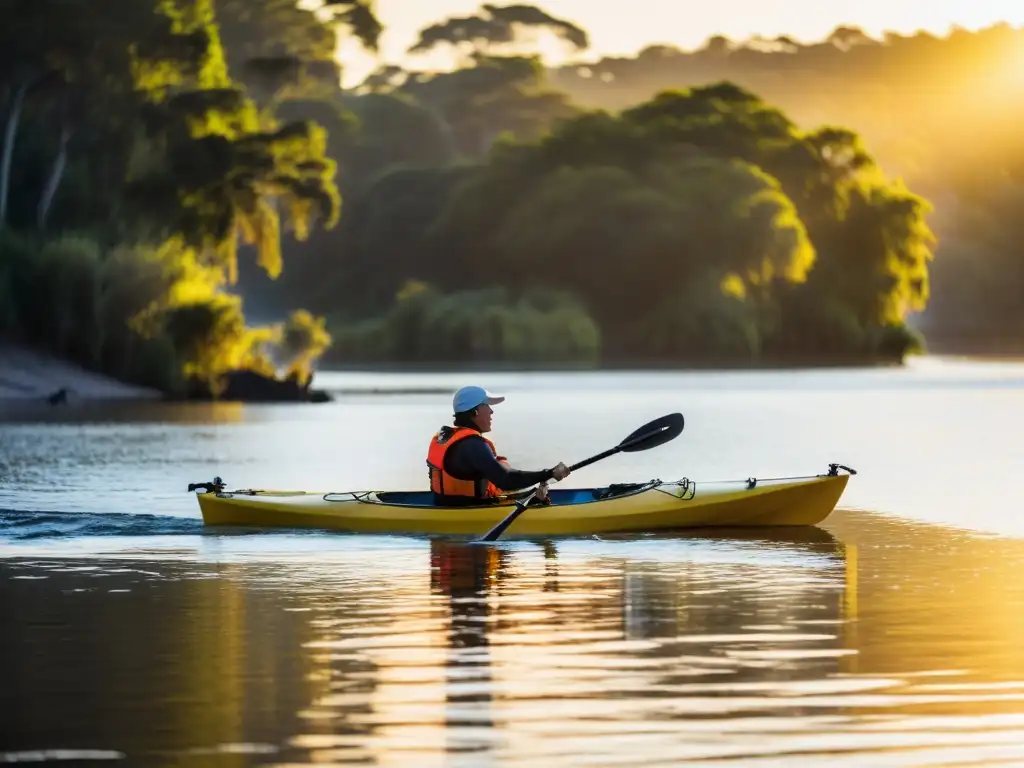 Un amanecer dorado ilumina un solitario kayakista en medio del Río Uruguay, iniciando su aventura en uno de los paseos en kayak más emocionantes