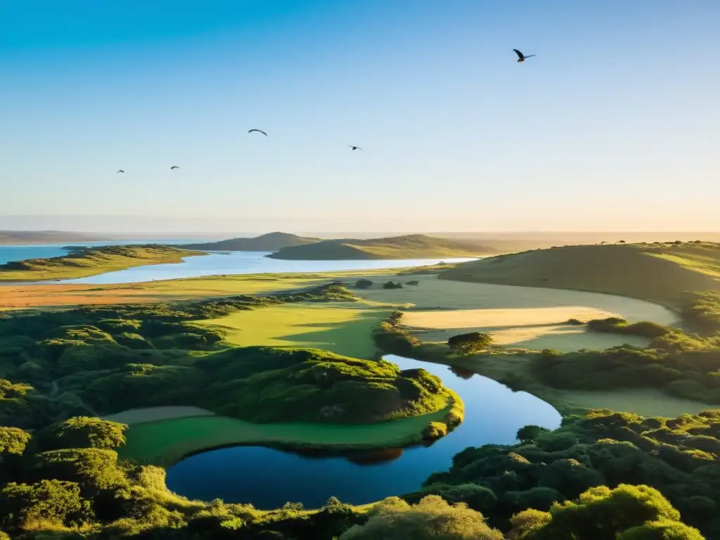 Un amanecer dorado ilumina el vibrante paisaje de Rocha, Uruguay, un paraíso ecológico de flora nativa, aves volando y colinas serenas